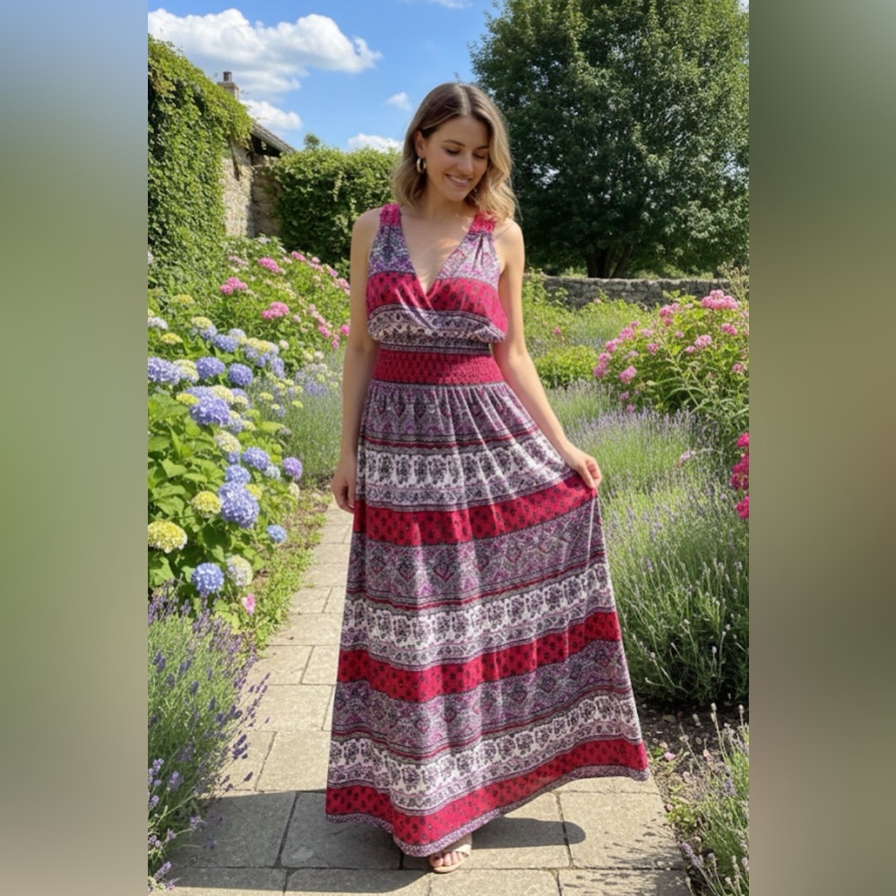 Boho Paisley Floral Smocked Waist Maxi Dress Pink Purple Hippie Gypsy Festival